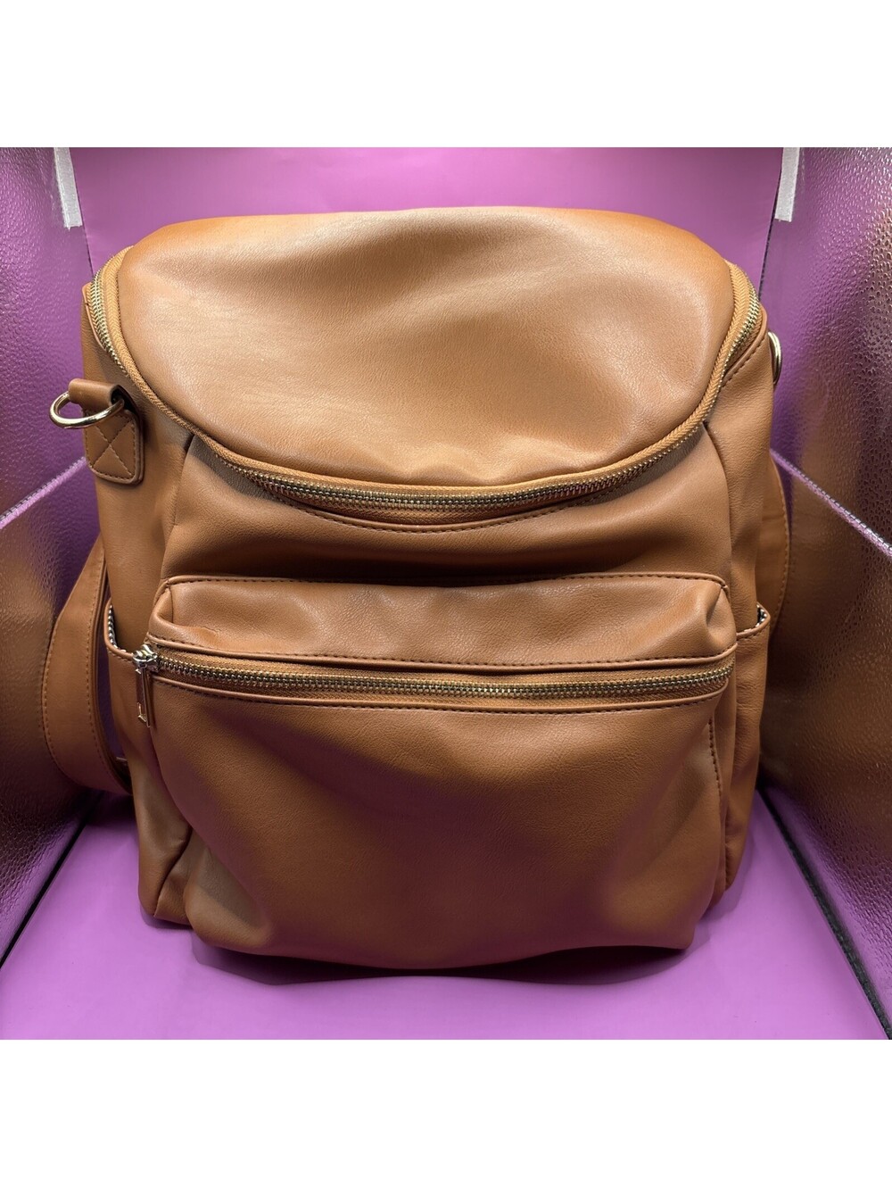 Tan Faux Leather Backpack with Multiple Compartments and Accessories